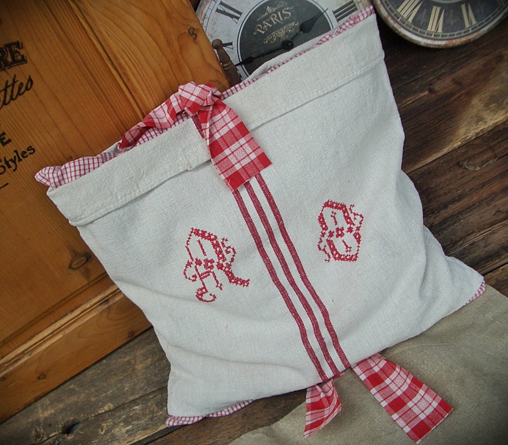 linen cushion grainsack antique initials cross stitch A O