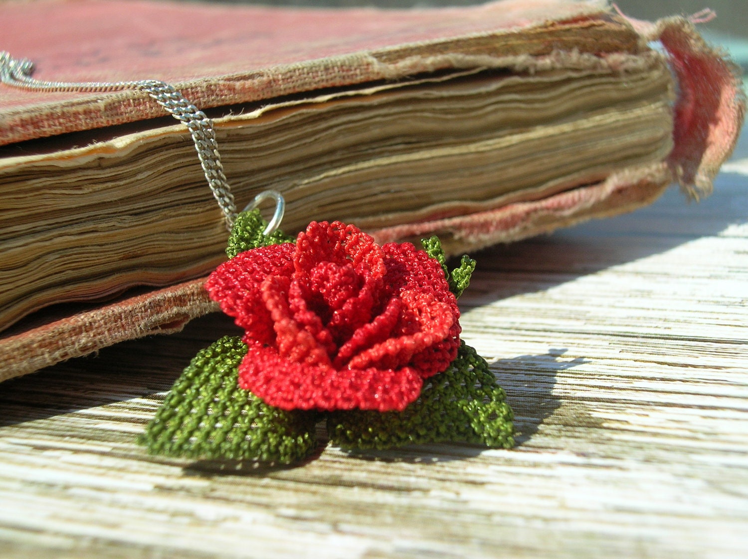 Red rose lace pendant necklace artisan jewelry delicate love grass green leaf flower sterling silver chain romantic nature inspired