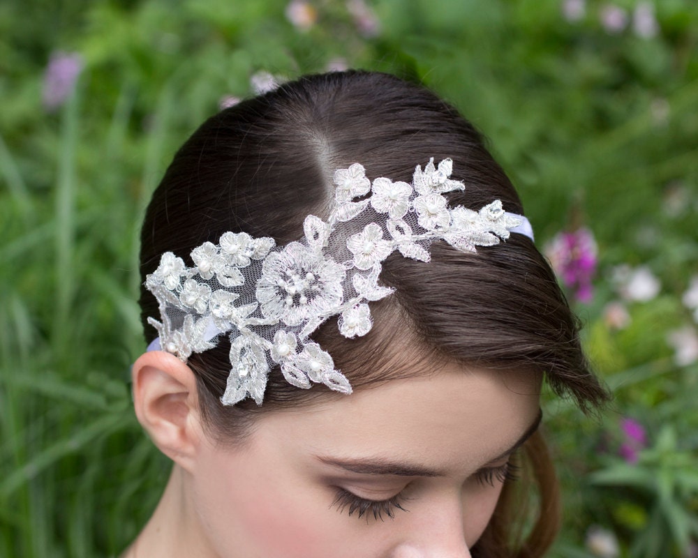 Metallic Silver Lace Wedding Headband Embroidered with Real Pearls, Rhinestones and Crystals