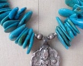 Necklace w Antique Indian Silver Amulet of Maha Kali and Large Turquoise Discs
