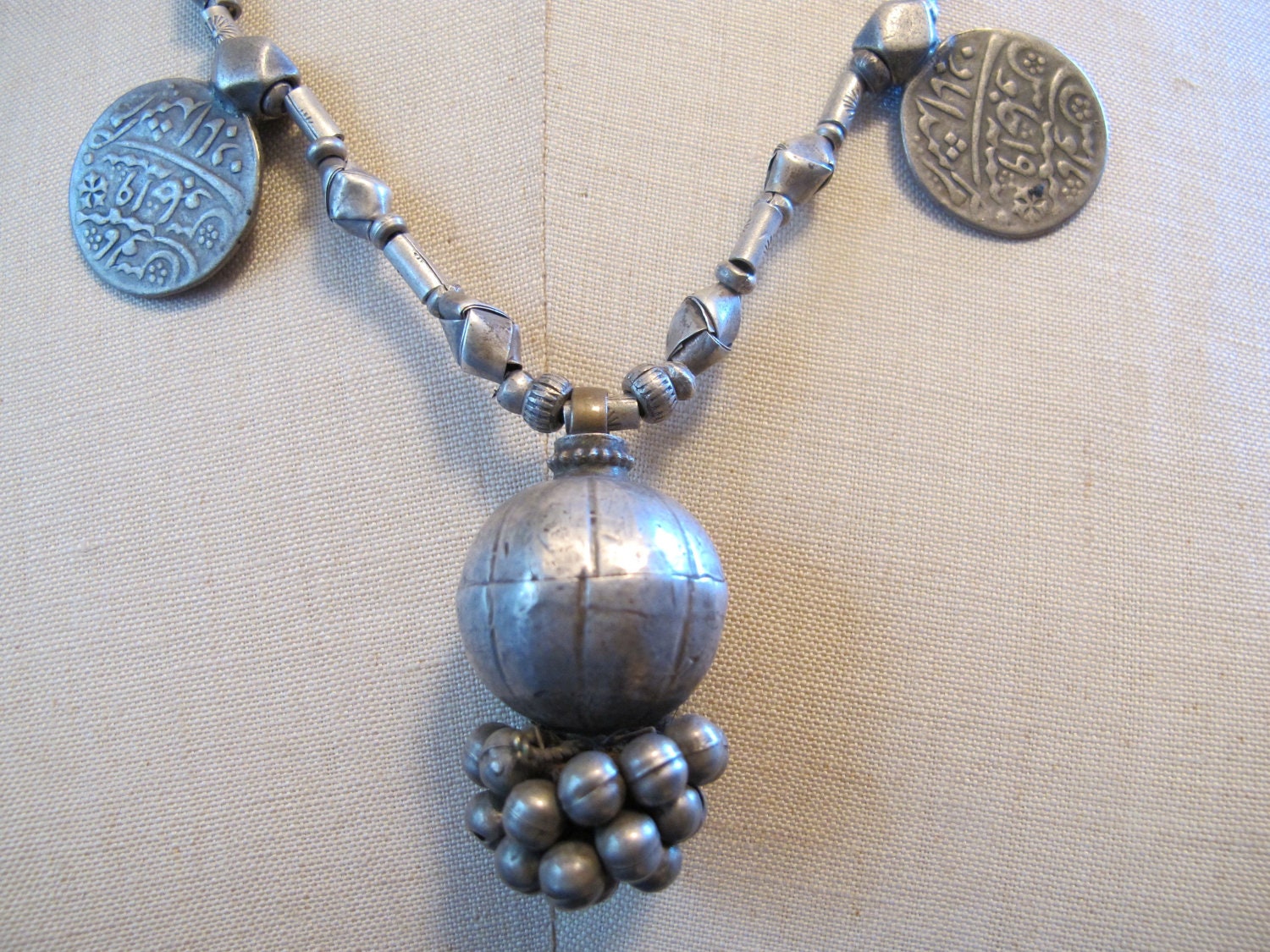 Antique Silver Tribal Necklace with Old Indian Silver Coins and BIg Silver Bead with Hand Knotted Silver Beads