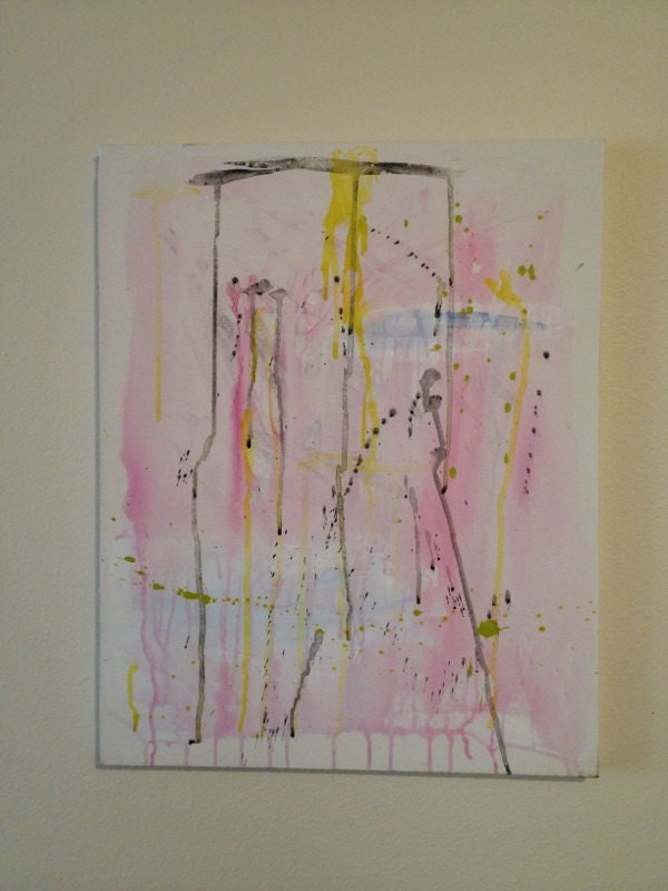 Pink / Blue / Gray / Lime Green Watercolor Abstract Painting