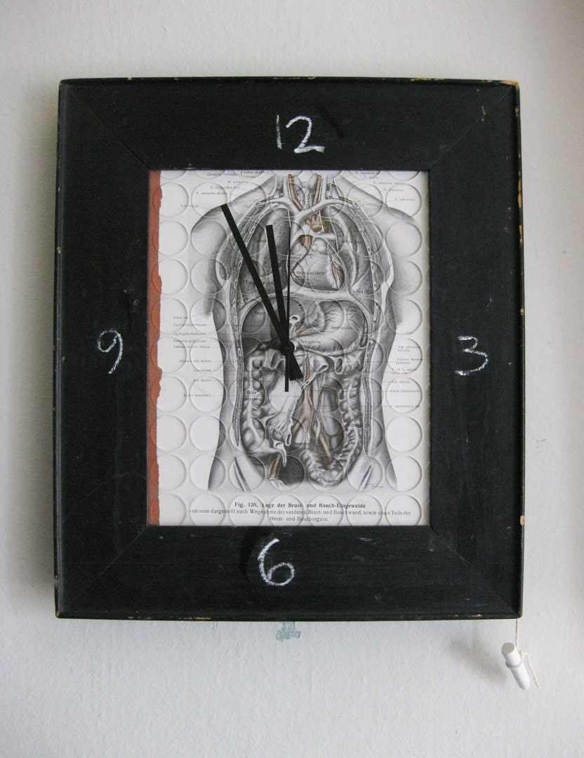 Upcycled Anatomical Wall Clock, Assemblage Collage with Vintage German Book Plate, Chalk Board