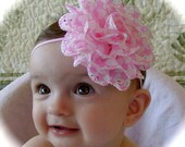 Custom stretch pink HEADBAND with a pink chiffon eyelet fabric rosette puff flower with white hearts newborn baby toddler  girl   photo prop