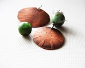 Peruvian Opal Earrings Dangle Drop Copper Flower Print Rustic Mismatch Sterling Silver Green Gemstones