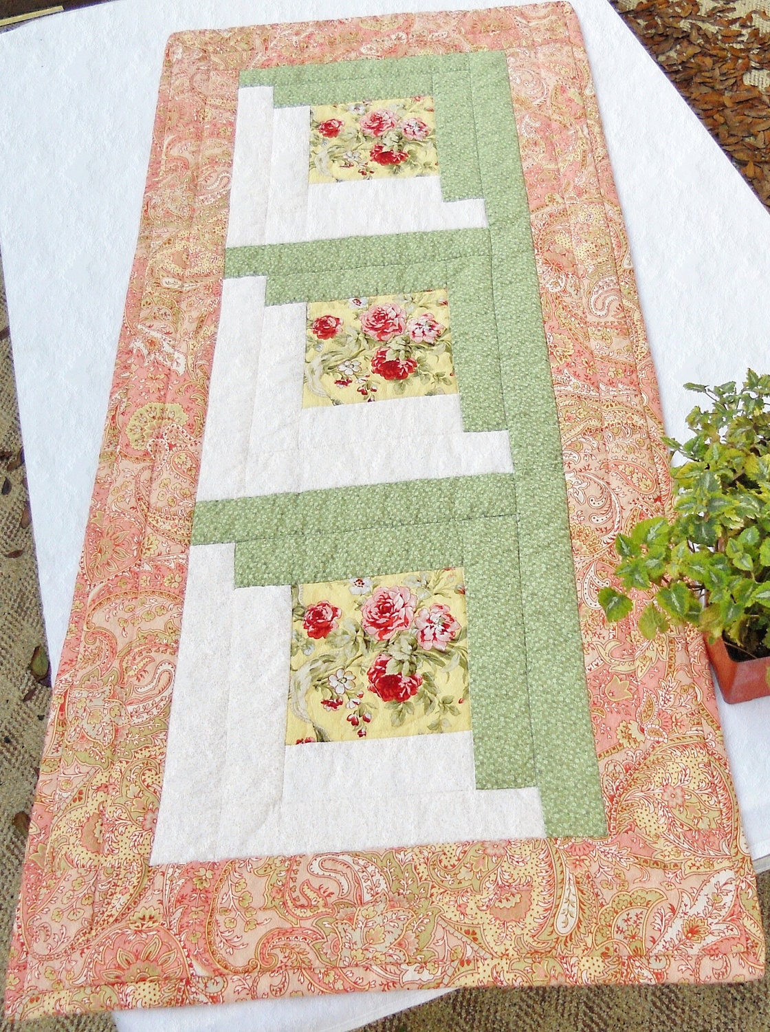 Soft Peach, Sunshine Yellow and Celery Green Tablerunner - Quilted, Floral, Paisley, Log Cabin, Special Order