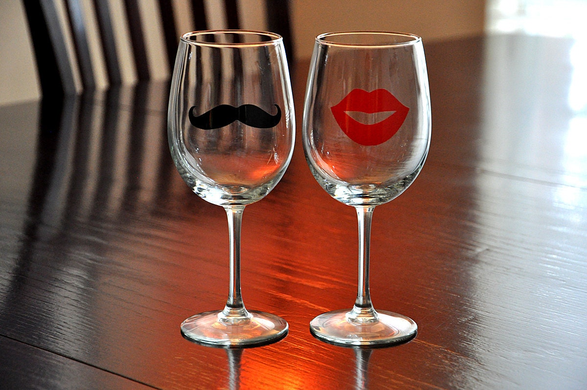 Mustache Lips Funny Wine Glasses His Hers