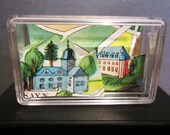 Small Clear Box Diorama with Magnet Back - Houses, Trees, Farmland, Hills - Blue, Red, Green, Yellow