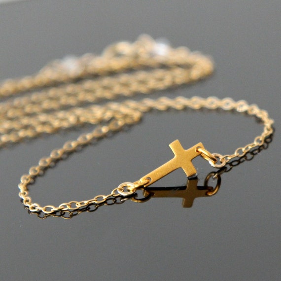 Gold SIDEWAYS Cross Necklace, Gold Filled and 24K Vermeil, Tiny Cross Necklace.