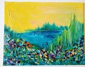SALE - ORIGINAL ACRYLIC Painting, Abstract Landscape w Wildflowers 8 x 10 Bold Colors, Summer Art, Sunshine Yellow, Teal, Jewel Tones, Gift