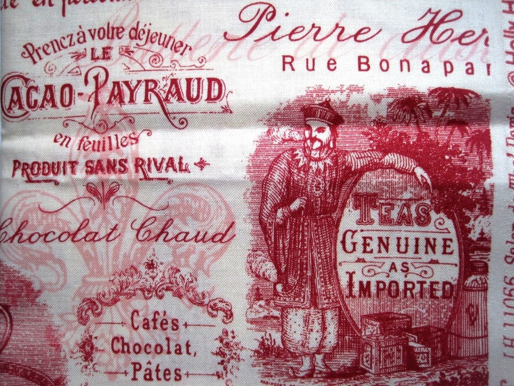 Vintage - Inspired French Ads Fabric, Fat Quarter, Red / Cream, 18" X 22" inches, 100% Cotton, For Victorian & Romantic Projects