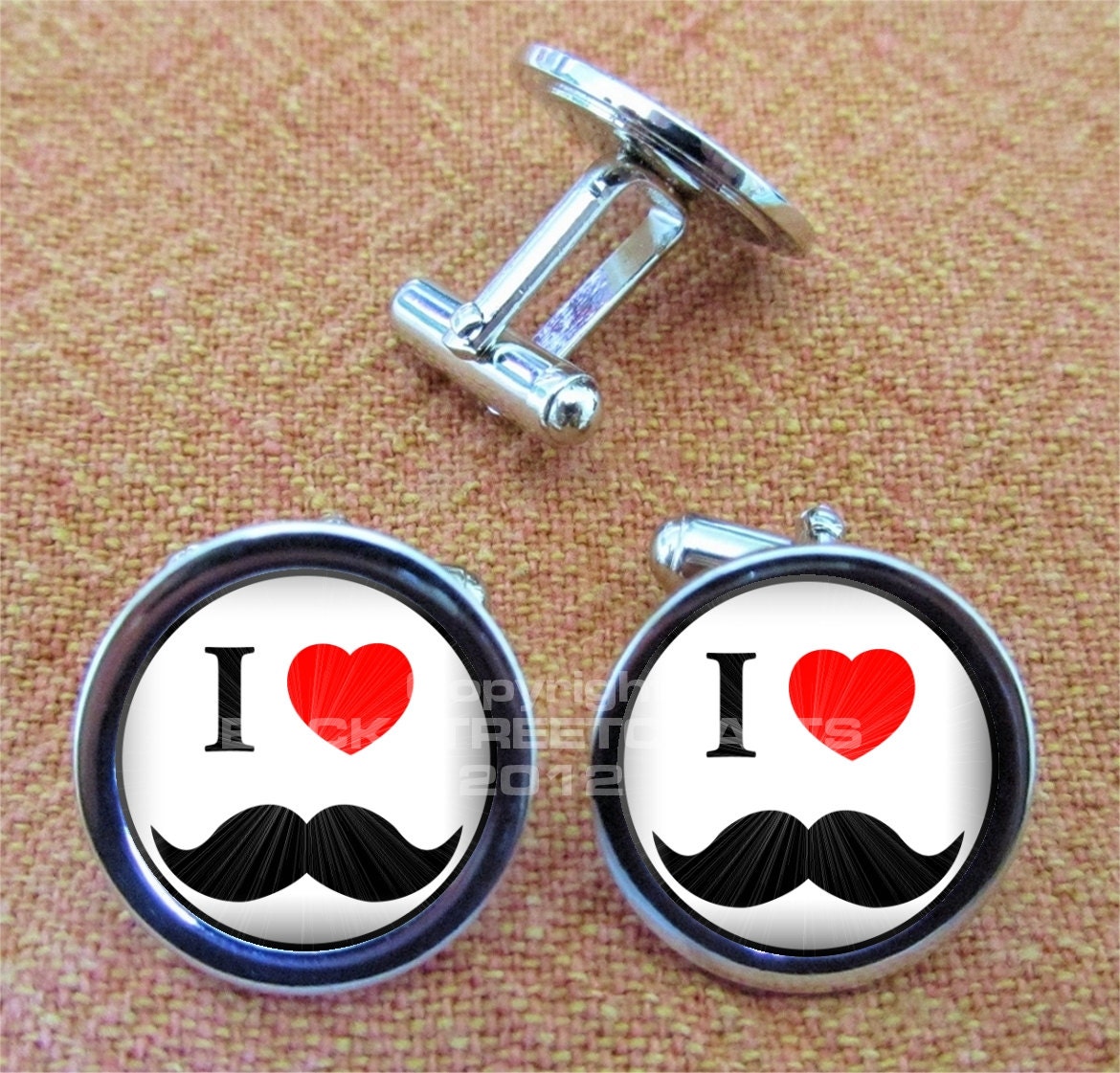 I LOVE my MUSTACHE Nickel Plated Cuff Link Pair Free gift Box Weddings  Christmas Quickship Under 20.00