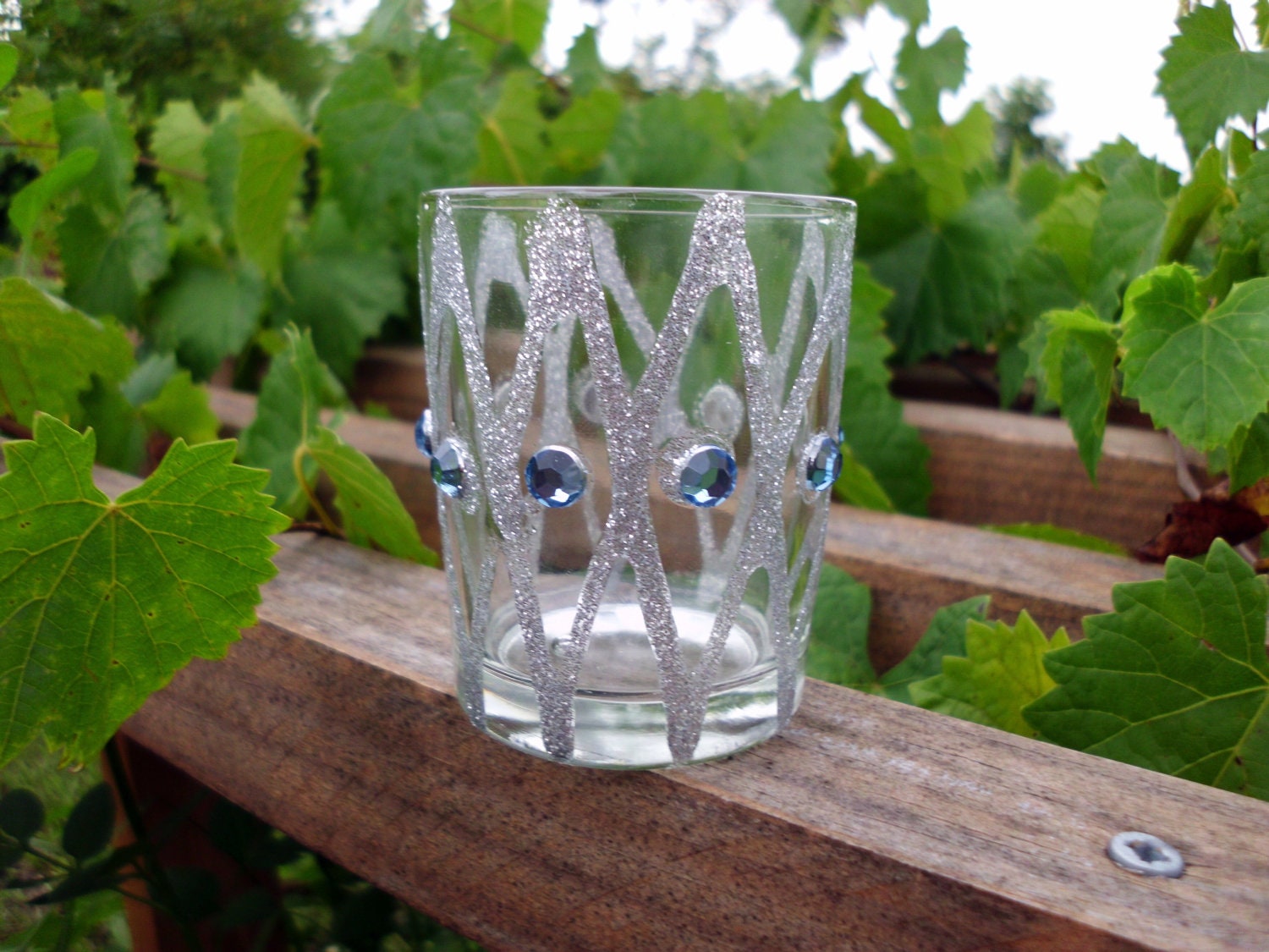 Handmade Tealight/Votive Holder, Silver Jeweled & Glittered, Glass Holder