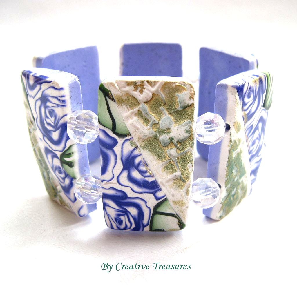 Blue Rose Polymer Clay Tile Bracelet