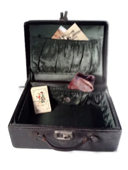 Antique Leather Luggage Black small suitcase Vintage 1920's