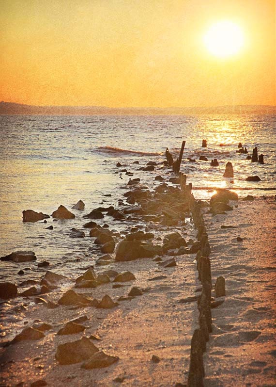 Sunset Wall Art - Nature Photography - Sunset Wall Decor - Golden Sky Old Pier - Sunset Fine Art Beach Photograph 5x7 Jersey Shore
