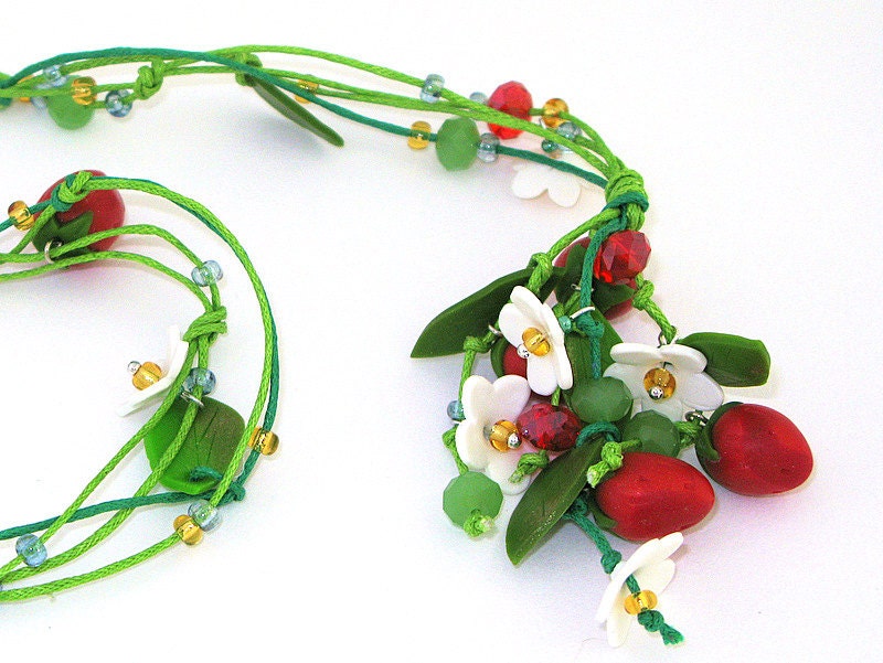 FREE SHIPPING. Strawberry necklace, unique polymer clay necklace. Made to order