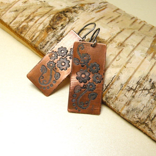 Etched Copper  - rustic earrings, flowers ornament, metalwork