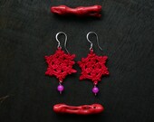 subtle crochet earrings in deep red and pink, silver sterling