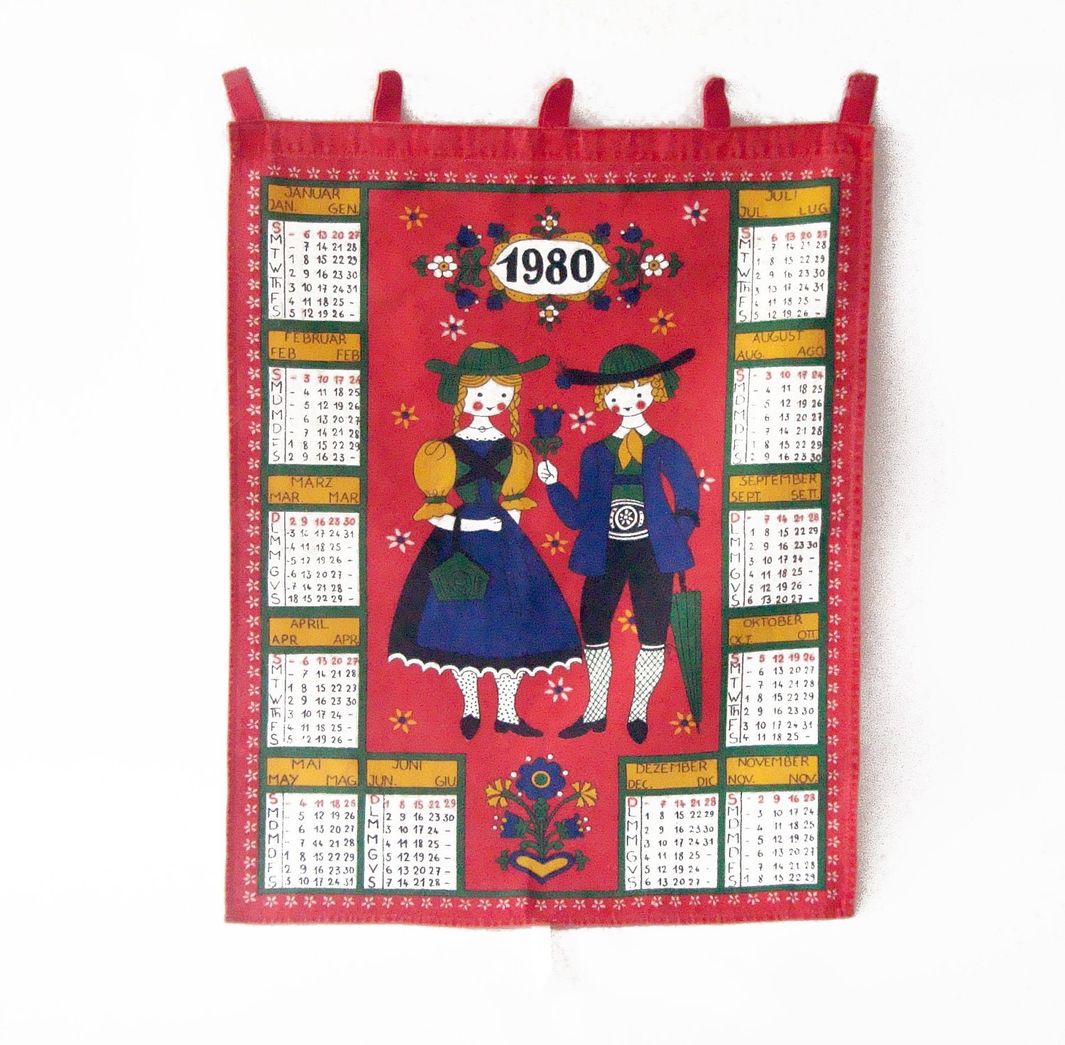 1980 Scandinavian Calendar, textile calendar, red, blue printed cotton wall hanging with calendar, kitchen wall hanging, tea towel calendar