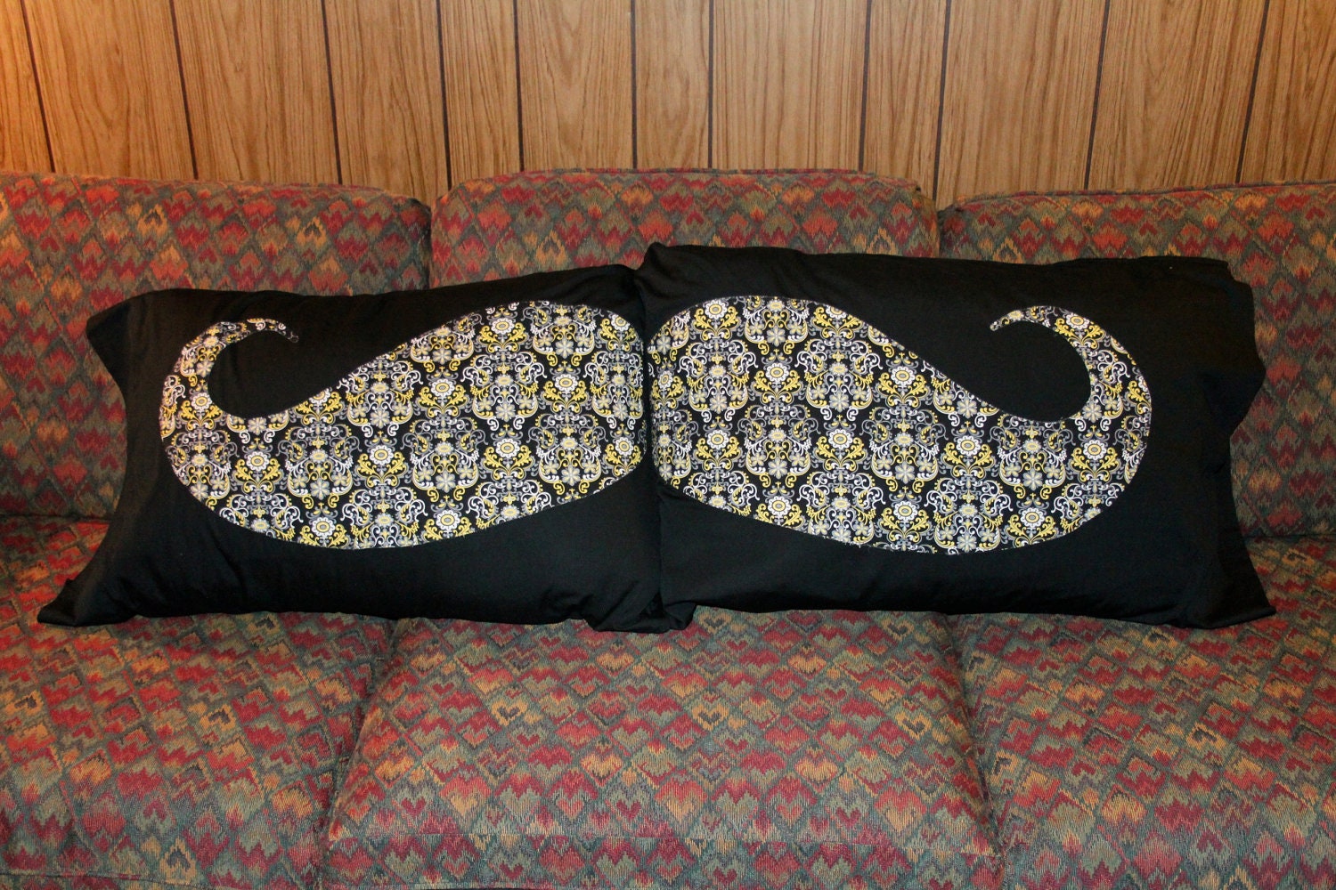 SALE - Black, Yellow, & Grey Patterned Mustache Pillow Case Set - LIMITED EDITION