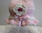 Pink  Pima Cotton Baby Hat with Crocheted  Flower