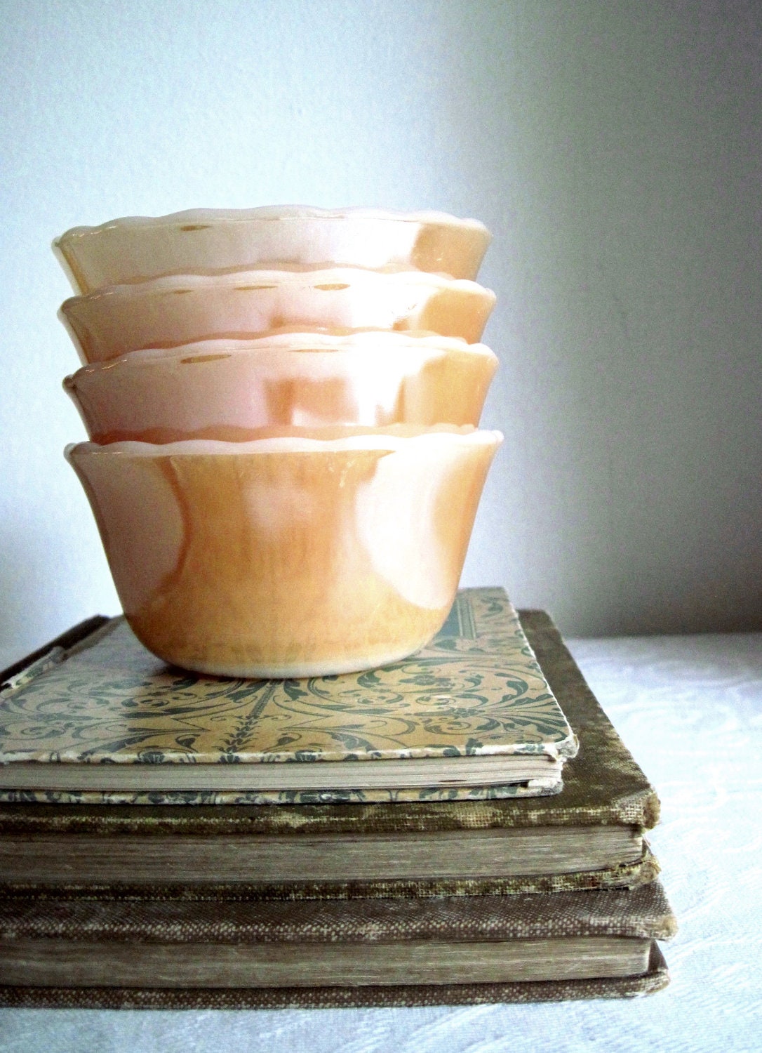 Fire King Peach Lusterware Custard Bowls, Set of Four