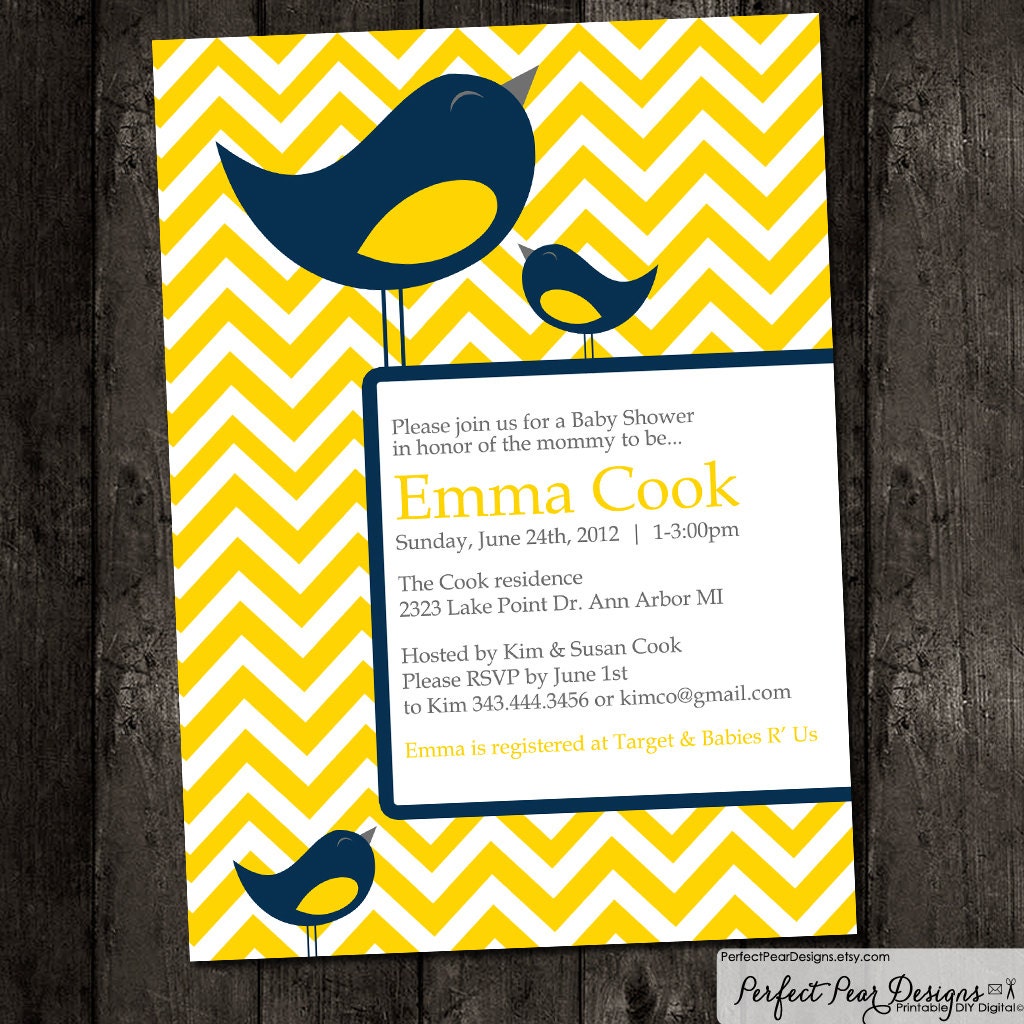 Baby Shower Invitation, boy, girl, twins, neutral - for the "Mommy to Be" Chevron - birdie, bird, Yellow, Navy Blue - DIY Digital Printable