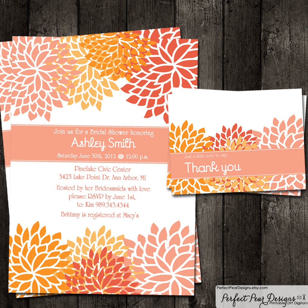 Bridal Shower Invitation and Thank-you card for the "Blooming Bride To Be" pink orange peach, Birthday Retirement Baby DIY Digital Printable