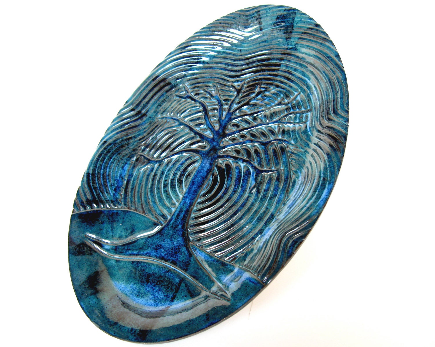 Indigo Tree Art Platter, ceramic pottery modern serving plate in blue azure weddings table settings decor decorations gift