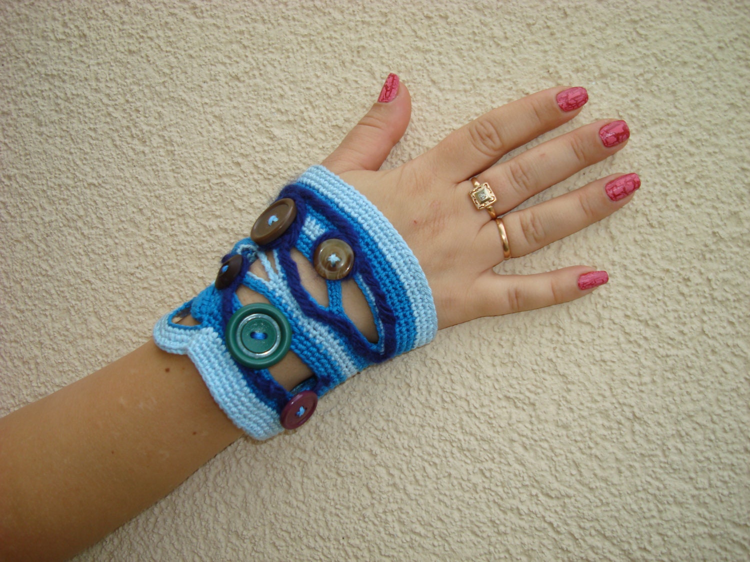 Crochet freeform BRACELET blue button wristlet One of a kind