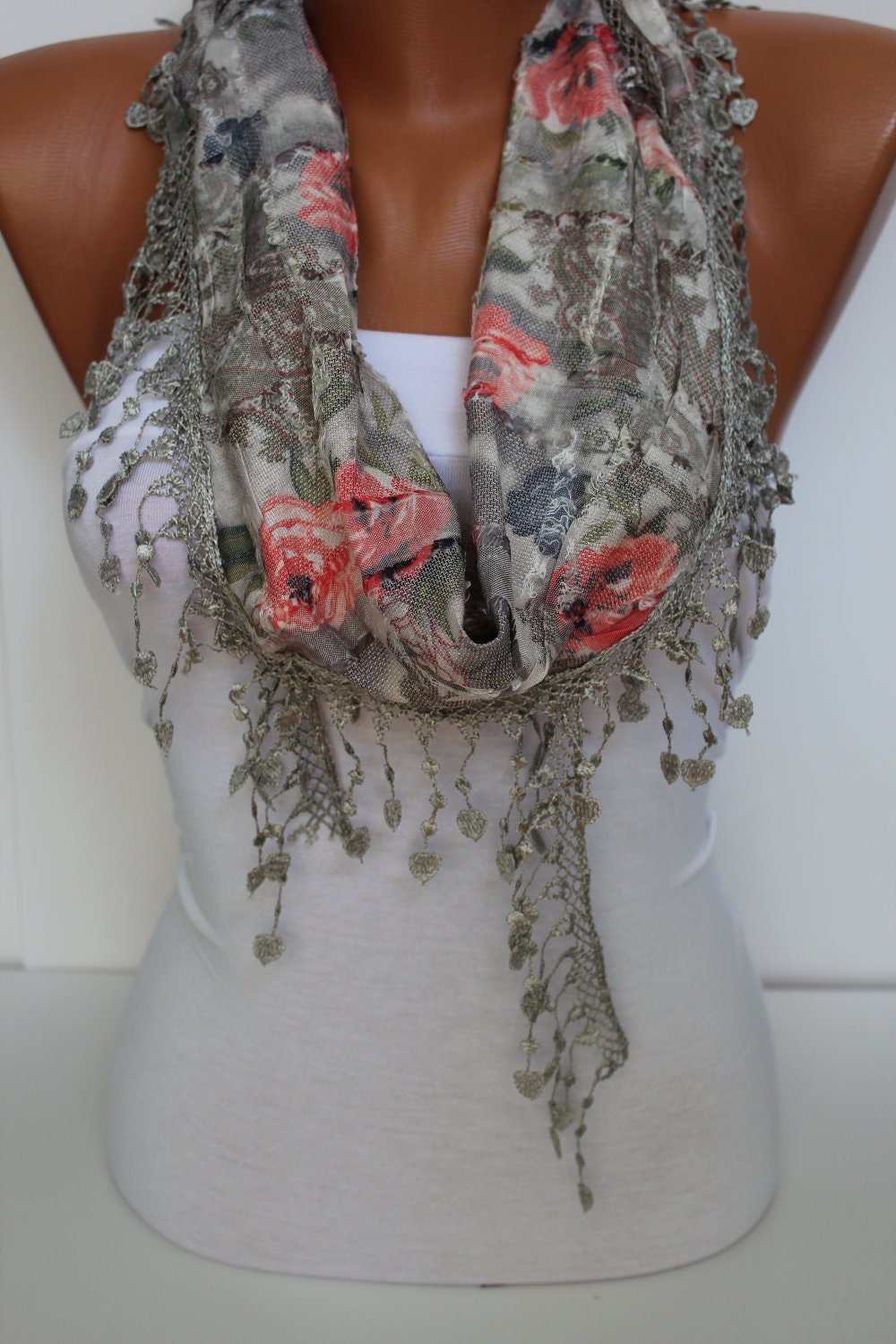 Floral Shawl/ Scarf  Grey and Red Roses Headband - Cowl with Trim Edge- Summer Trends