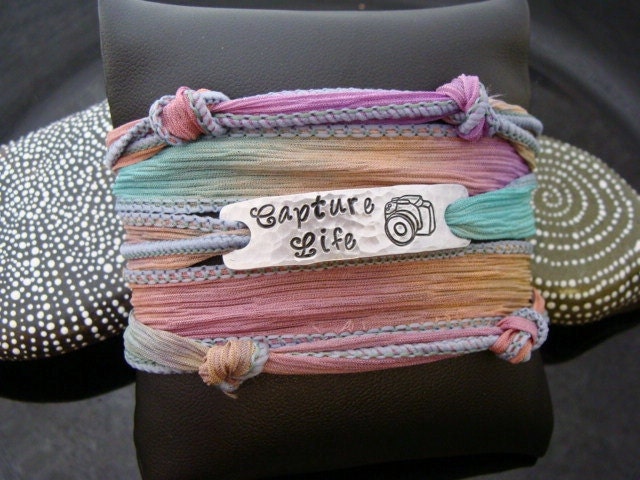 SALE D2E silk yoga wrap bracelet with hand stamped "Capture Life" photography charm, magnetic clasp, camera