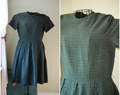 Vintage Green & Navy Blue Plaid Box Pleated Day Dress - 1940s