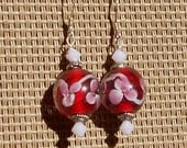 Red, Pink & White Lampwork Beaded Earrings with Swarovski Crystals