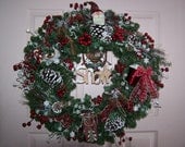 HOLIDAY SANTA WREATH Snowflake Berries Snow-tipped PineCones Christmas Decoration Wall Door Arrangement Handmade