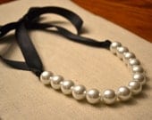 Set of 2 Elizabeth: Beautiful Large Pearl Necklace with Ribbon Tie - White Pearls and Black Ribbon