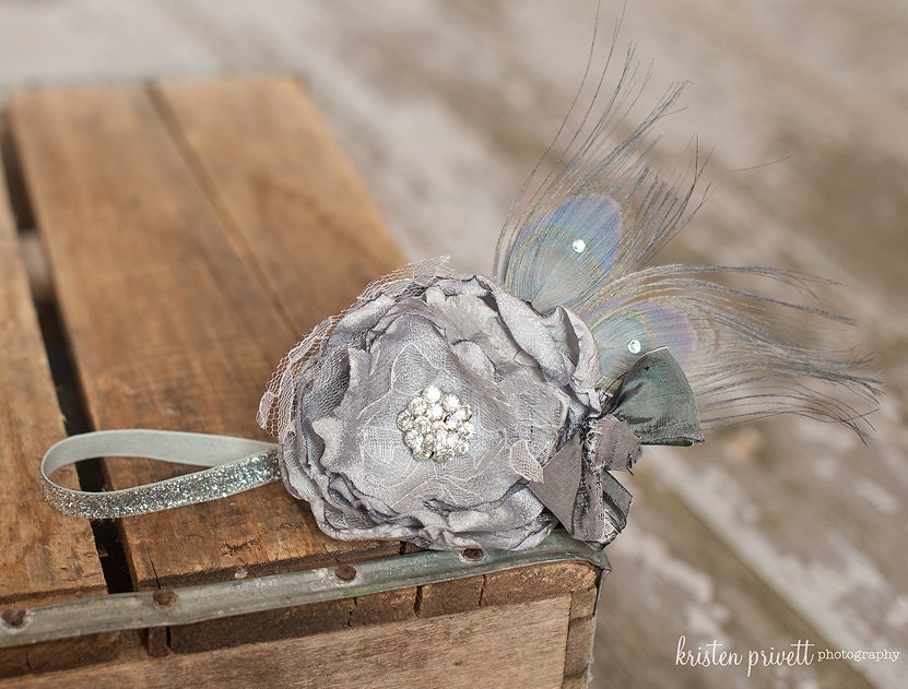 Gorgeous Silvery Grey Sparkle Handmade Flower Headband, Glitter elastic with Smokey Grey Peacock Feathers, Crystals and silks bow - HeavenlyAvonlee