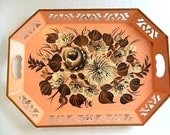 Antique Shabby Cottage Tole Tray hand painted Toleware peach-y pink floral metal tray flowers Reticulated edge with handles