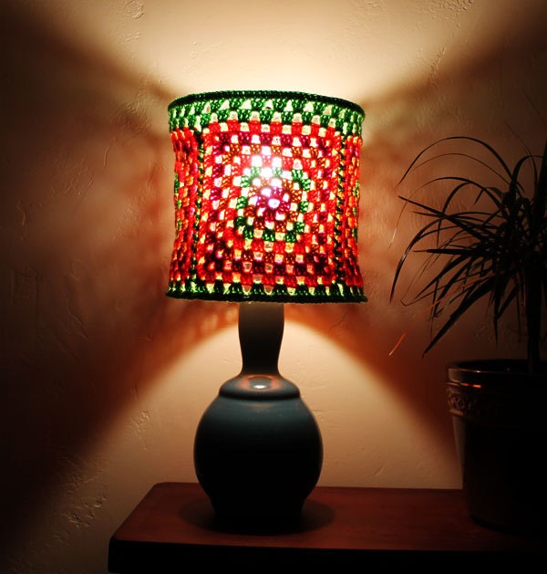 Bohemian Lampshade 1970s Retro  Green Magenta Orange Gold Granny Square Crochet Houseware Lighting