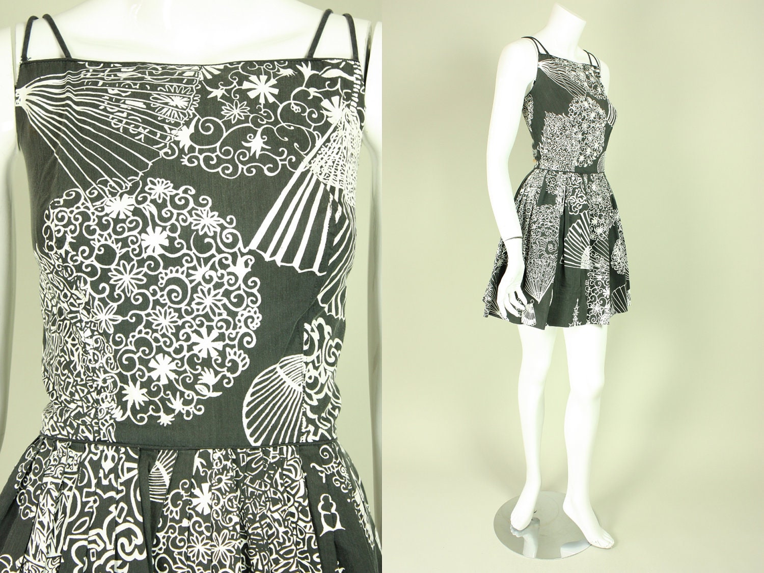 Vintage 1950s/1960s ALFRED SHAHEEN DRESS Black Cotton Bombshell Cocktail Hawaiian Party Sundress Rare Unique Designer