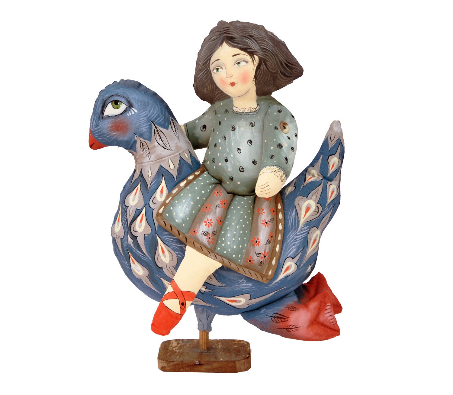 girl riding a bird. painted folk art doll - soft sculpture