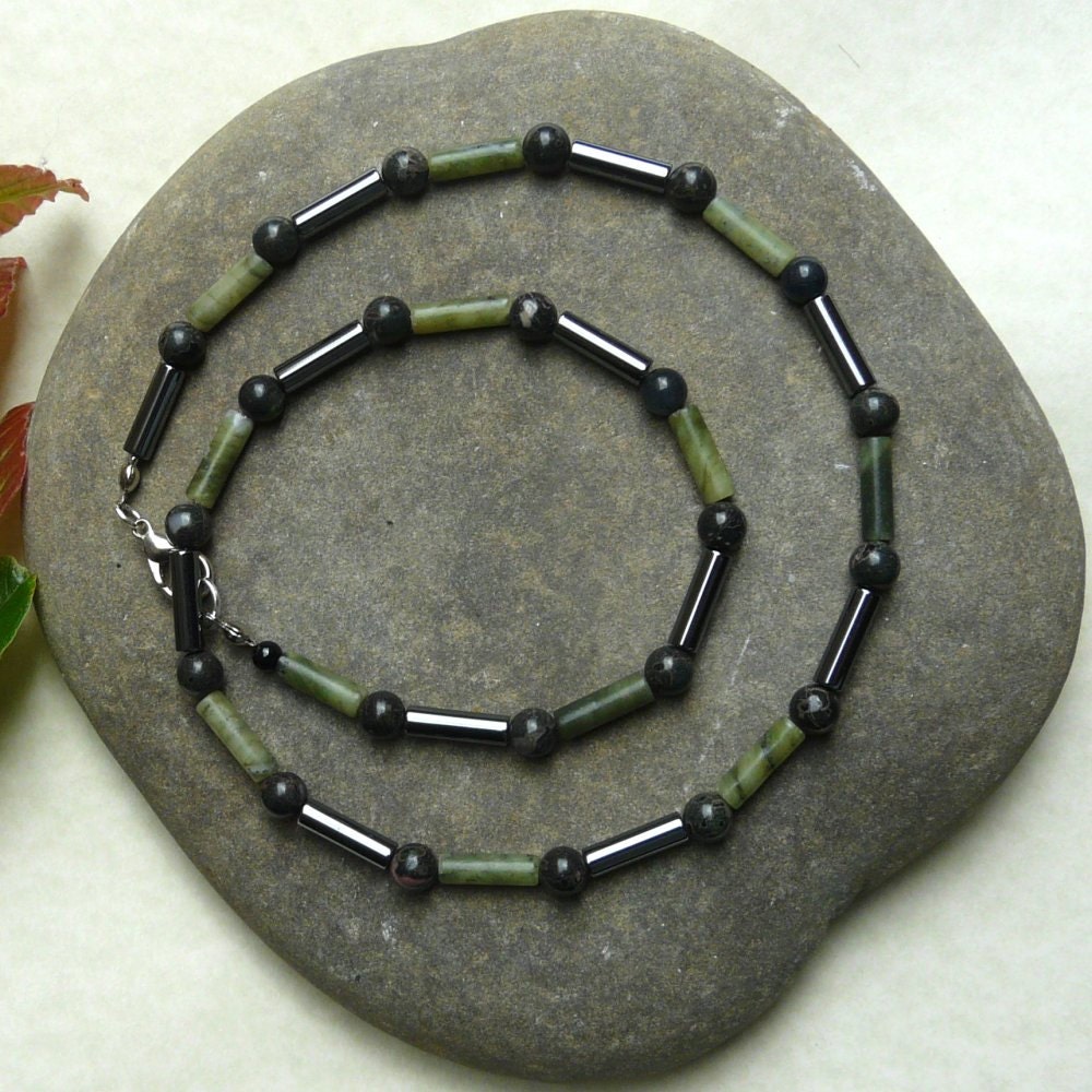 Mens Gemstone Necklace Jade and Hematite Free Worldwide Shipping