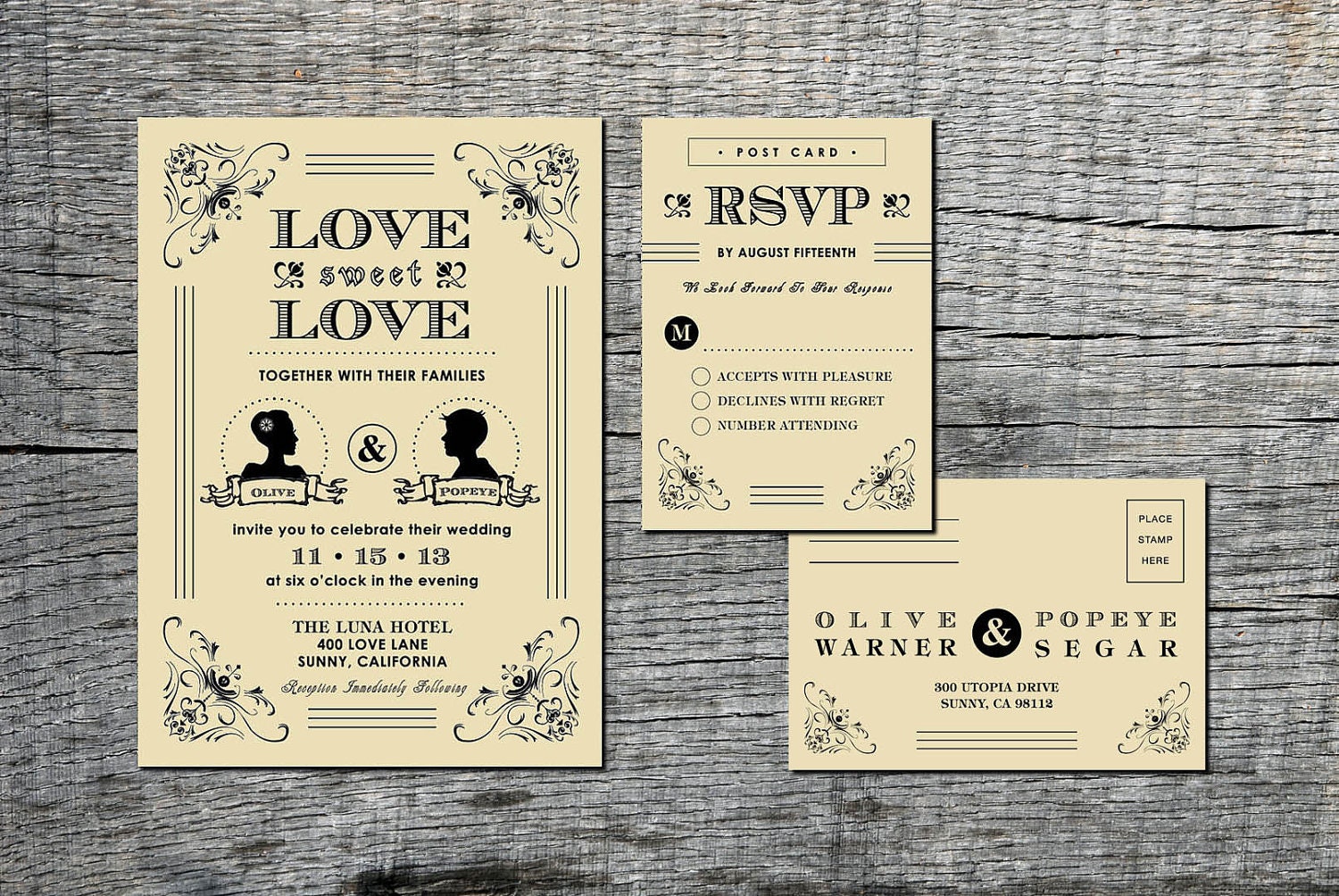 Vintage Wedding Invitation & RSVP Card with Silhouette of Couple - Hand Drawn Graphics - DIY Printable