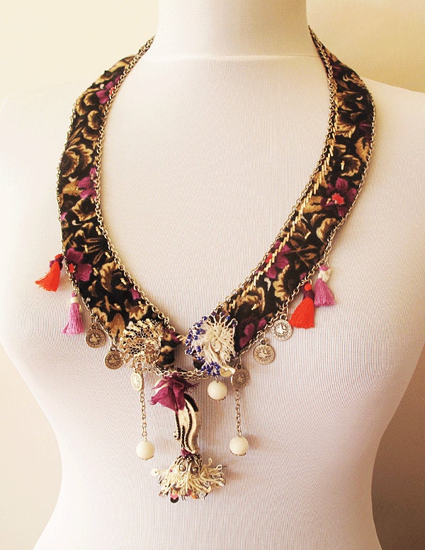 TURKISH ethnic Embroidered necklace -turkish fabric, handmade  necklace-intense ethnic necklace