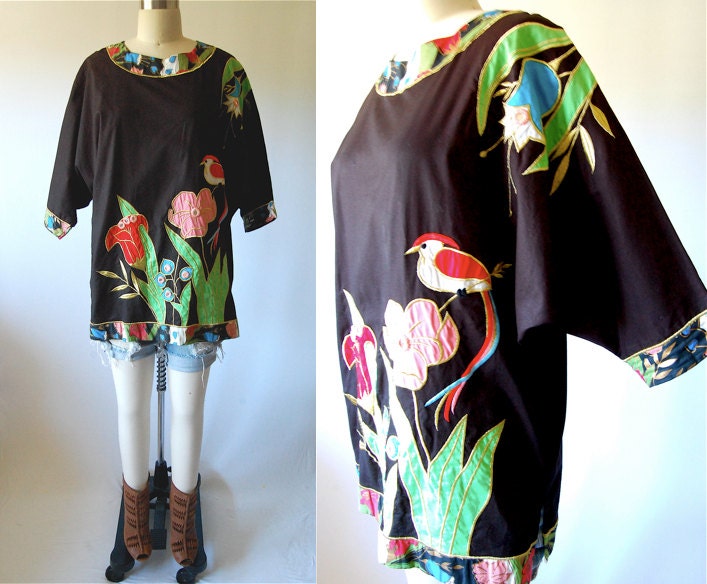 Vintage embroidered crochet applique top / tropical bird ethnic boho Miami sequin mirrors / oversized open size