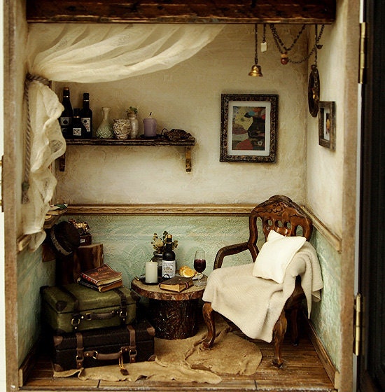 The Room with Old TRUNK (No.1)- Vintage Antique chair -handmade Dollhouse Miniatures