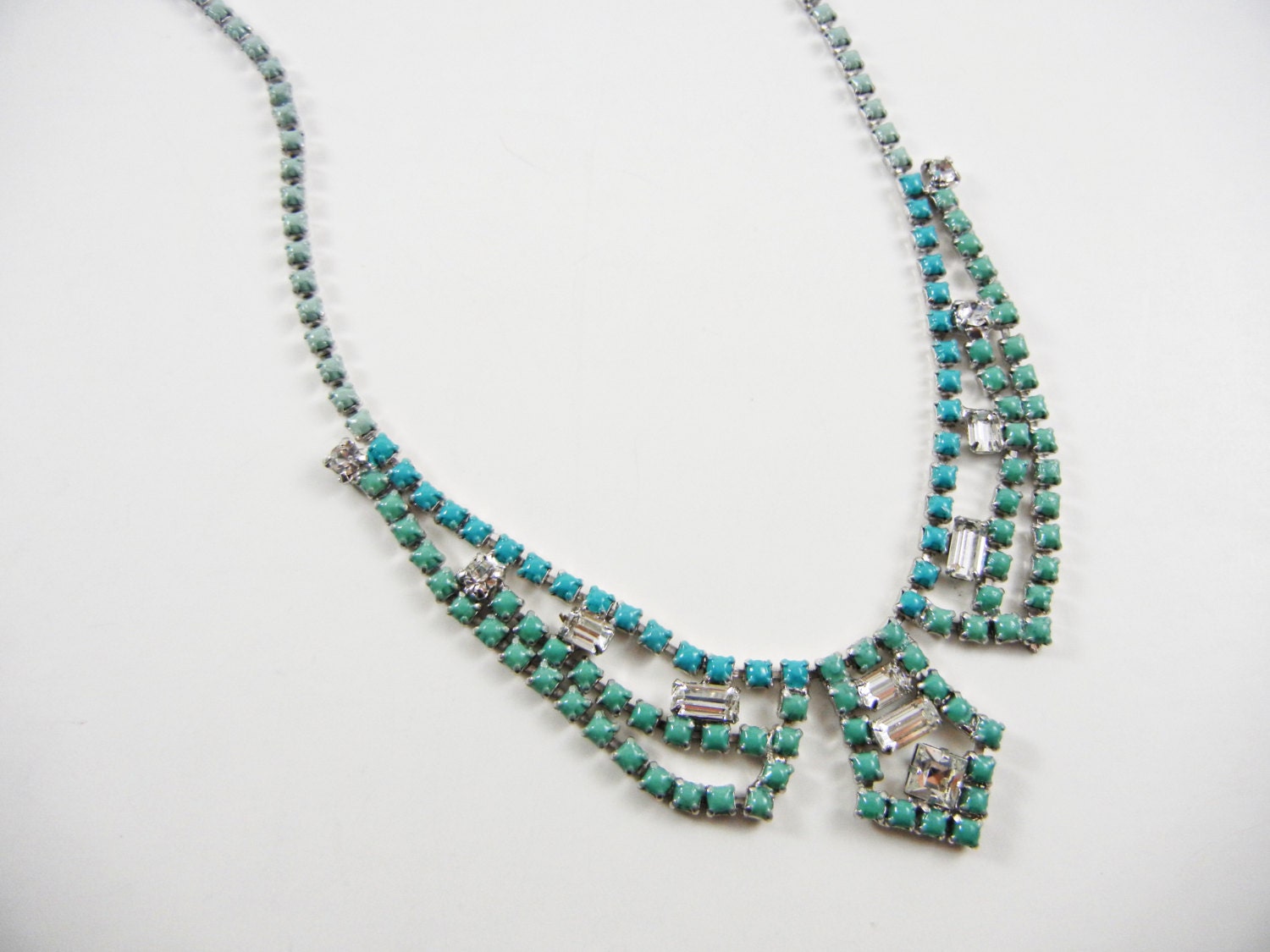 The Faith Necklace - Hand Painted Vintage 1950s Rhinestone Necklace - Turquoise