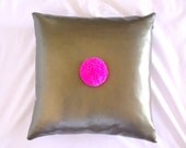 FAKER. faux leather bronze cushion throw pillow with fuchsia pink pom pom