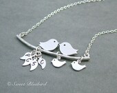 Birds on a Branch Family Necklace, 4 custom initials, family of four, mother necklace, love birds, sterling silver chain